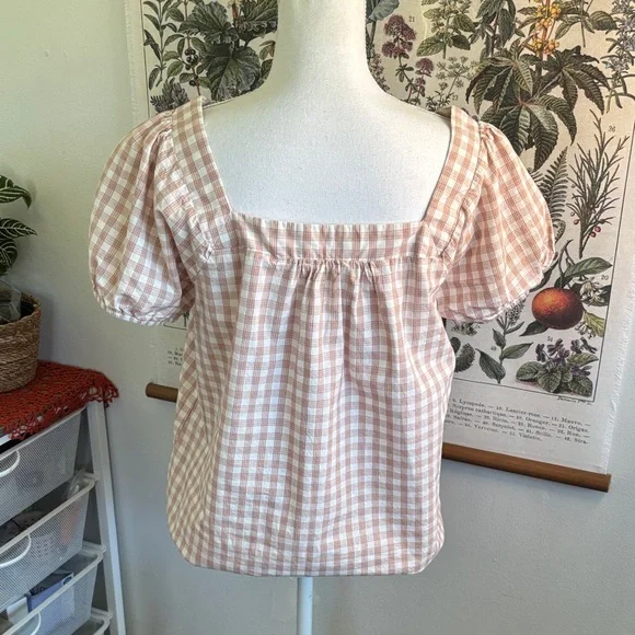 Savanna Jane Beige Gingham Embroidered Square-Neck Women's Top Medium - Picture 6 of 7